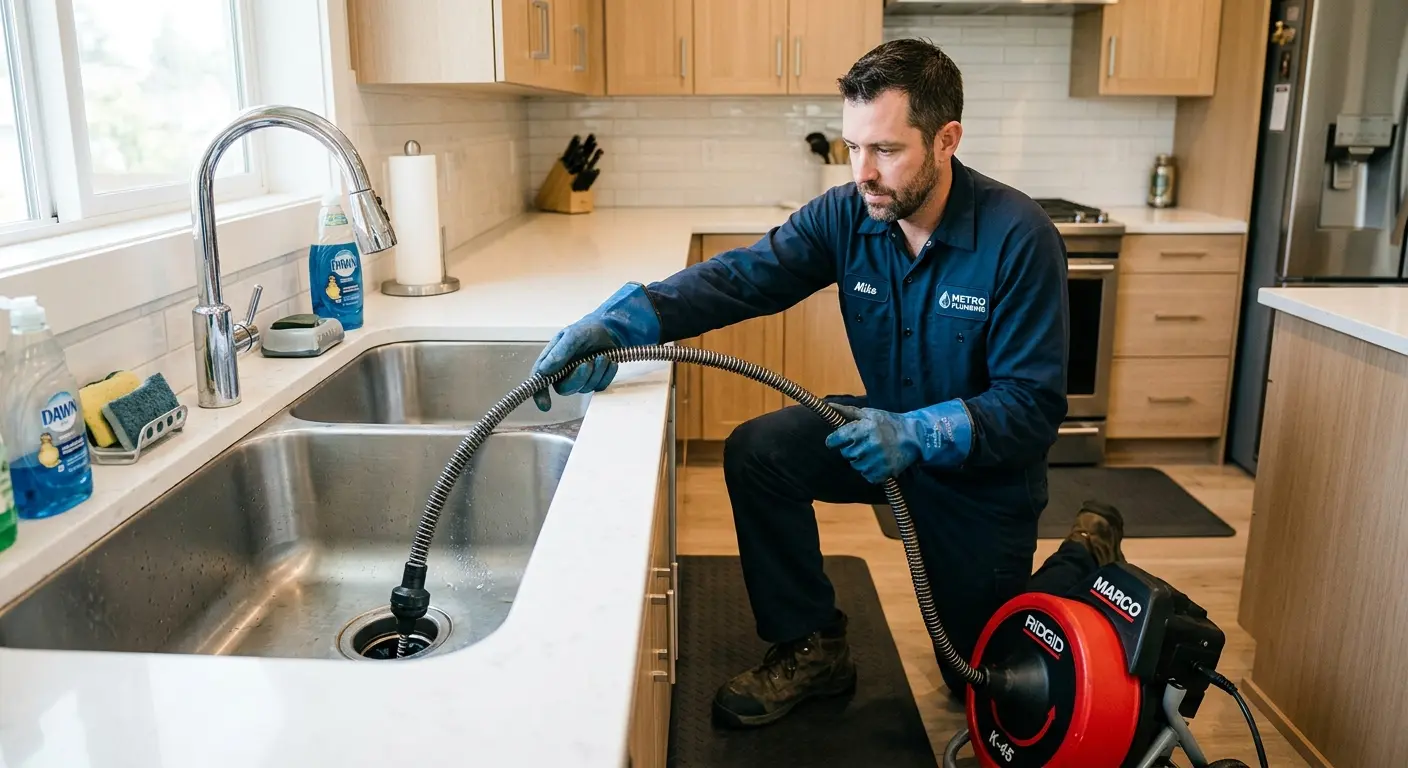 Drain cleaning technician using a motorized snake on a kitchen sink in Athens